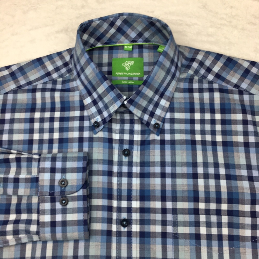Forsyth of Canada Dress Shirt Mens Medium Blue Checks Regular Fit Non Iron